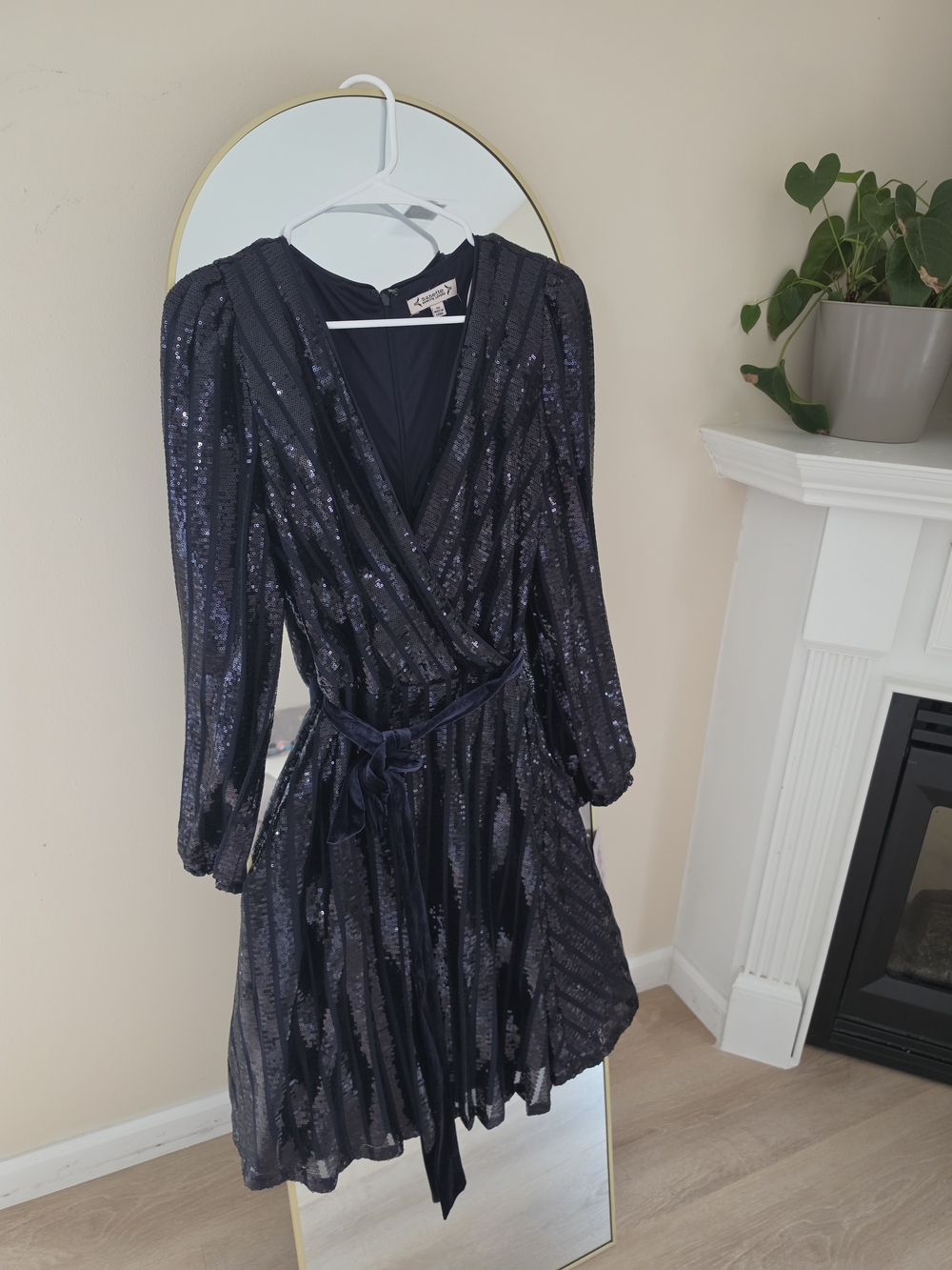 Women's Navy Sequin Wrap Dress with Belt